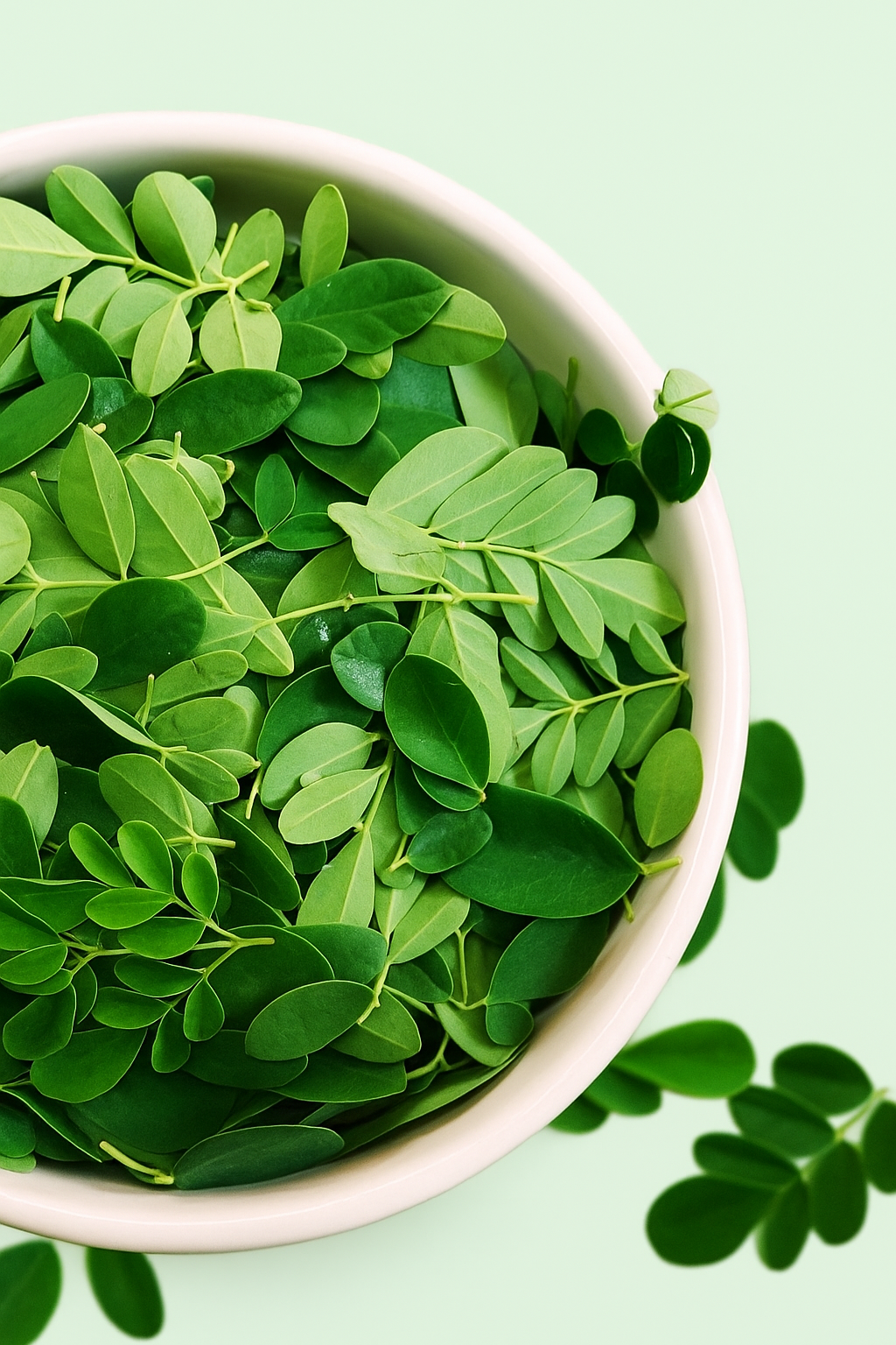 Moringa leaves in a white bowl on a pale green background.