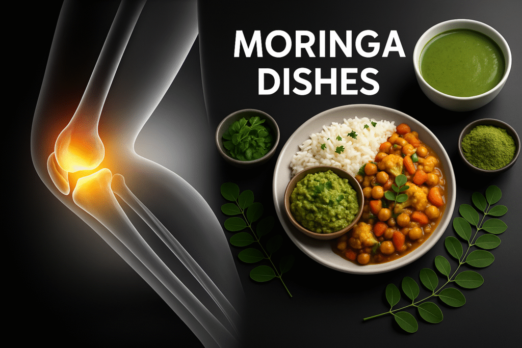 Image showing an X-ray view of a glowing, healthy elbow joint alongside various moringa dishes (moringa powder, soup, and a curry with rice), illustrating natural joint pain relief. Showcases organic moringa from OG India, a leading organic moringa exporter in Salem, Tamil Nadu.