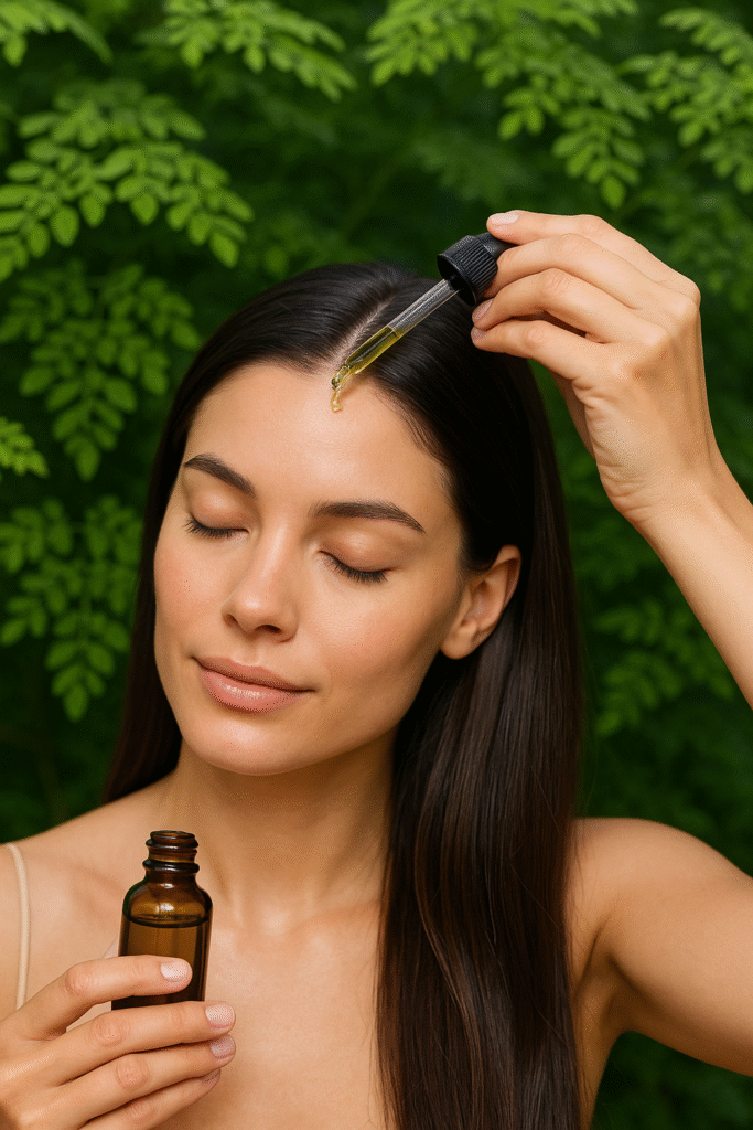 Vibrant image depicting healthy skin and lustrous hair, intertwined with organic moringa leaves and moringa powder, symbolizing natural beauty benefits. Products from OG India, an organic moringa exporter in Salem, Tamil Nadu.