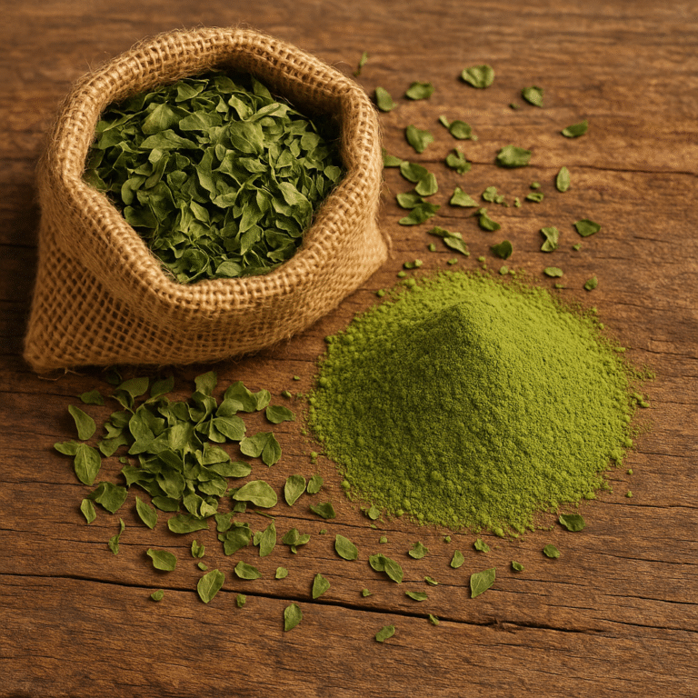 Large bags of organic moringa powder and leaves ready for bulk export, illustrating pricing and volume for business needs. Products from OG India, an organic moringa exporter in Salem, Tamil Nadu.