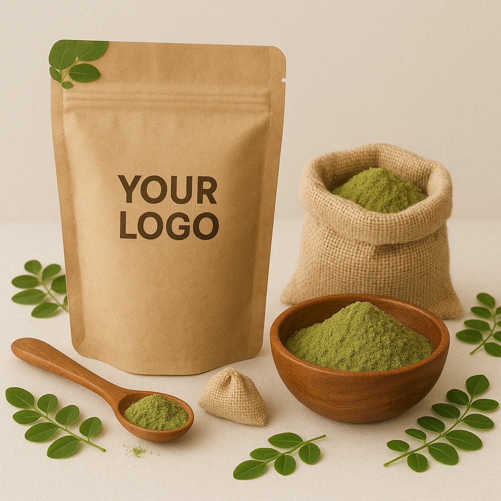 Mockup of moringa powder packaging featuring a blank brown pouch, a wooden bowl, and a burlap sack filled with green powder, surrounded by fresh moringa leaves.