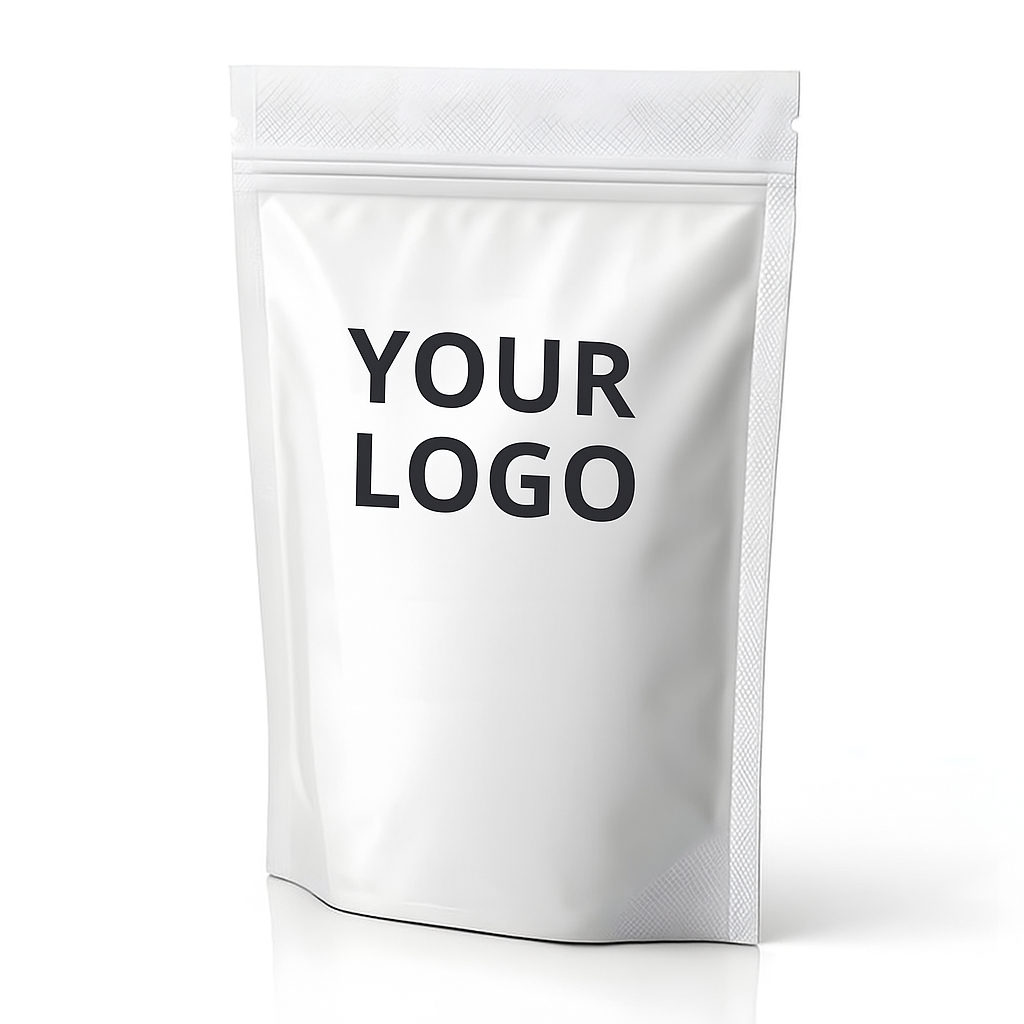 White stand-up pouch mockup with a resealable zipper top and black text reading "YOUR LOGO" centered on the front.