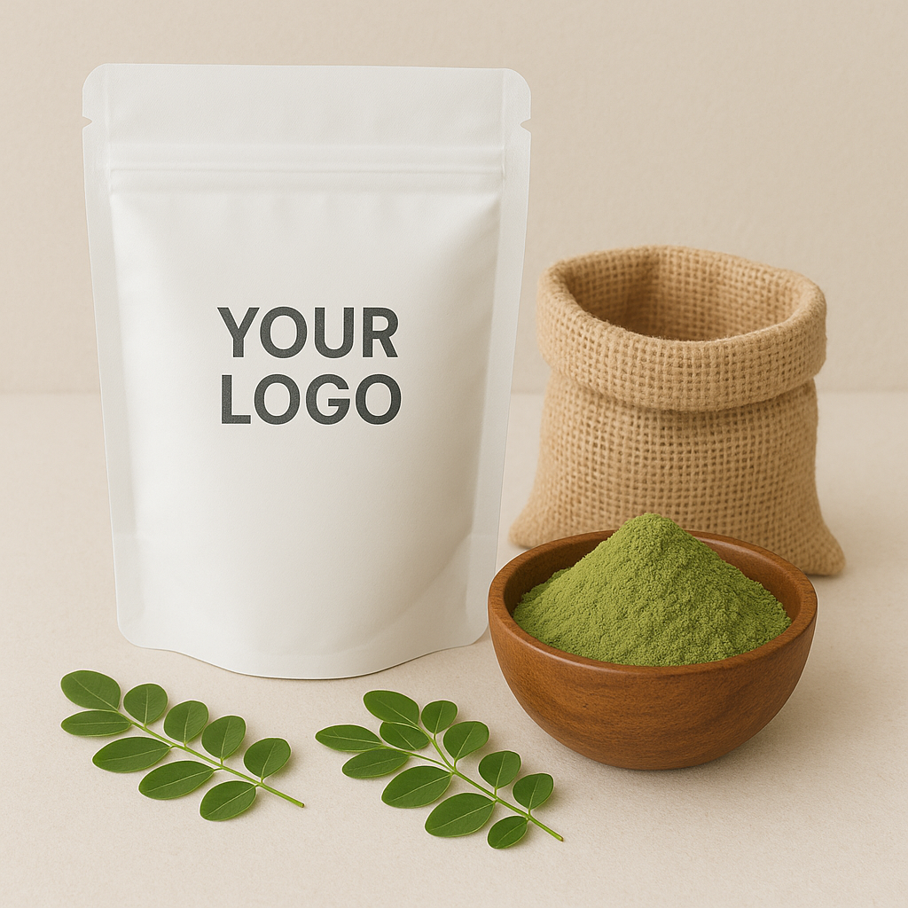 White stand-up pouch mockup with a resealable zipper top and black text reading "YOUR LOGO" centered on the front with a jute bag beside