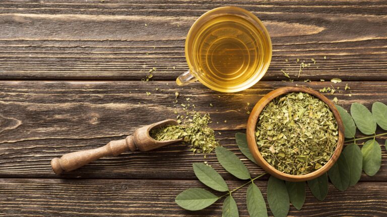 The journey of organic moringa tea from farm to cup, highlighting fresh moringa leaves and a brewed tea. Represents premium organic moringa from OG India, an organic moringa exporter in Salem, Tamil Nadu.